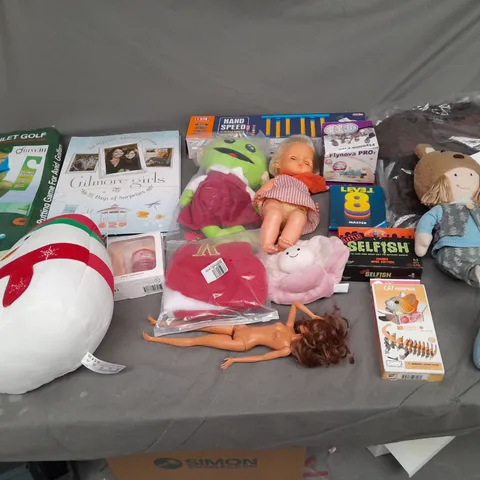 LARGE QUANTITY OF ASSORTED TOYS AND GAMES TO INCLUDE - HAND SPEED GAME, FROSTY PLUSHY, AND LITTLE SELFISH CARD GAME ETC. 