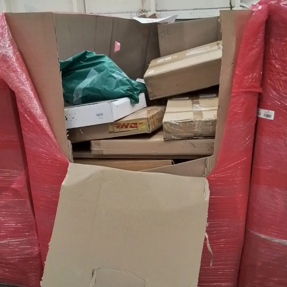 PALLET OF ASSORTED HOUSEHOLD GOODS AND PRODUCTS TO INCLUDE; COOKER HOODS, METAL GARDEN FENCE, MONITOR SHELF, TV WALL MOUNT ETC
