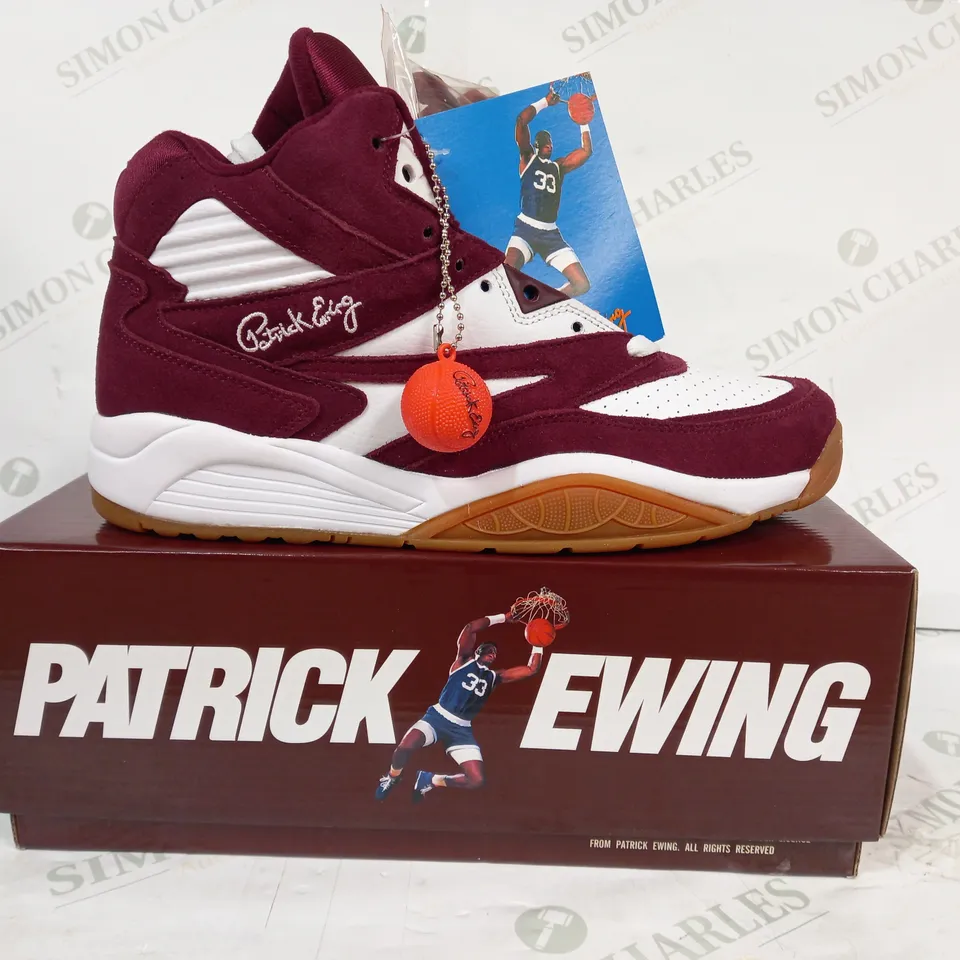 BOXED PAIR OF EWING MIKES HOT HONEY SNEAKERS IN MAROON/WHITE UK SIZE 8.5
