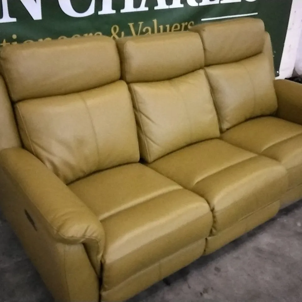 QUALITY DESIGNER YELLOW/GREEN LEATHER 3 SEATER ELECTRIC RECLINING SOFA