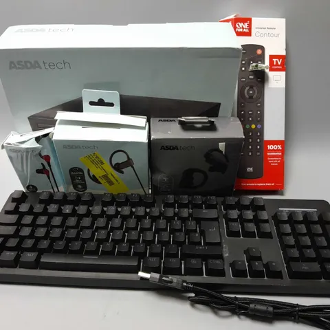 APPROXIMATELY 20 ASSORTED ELECTRICAL ITEMS TO INCLUDE ONE FOR ALL REMOTE, WIRED KEYBOARD, DVD PLAYER, ETC 