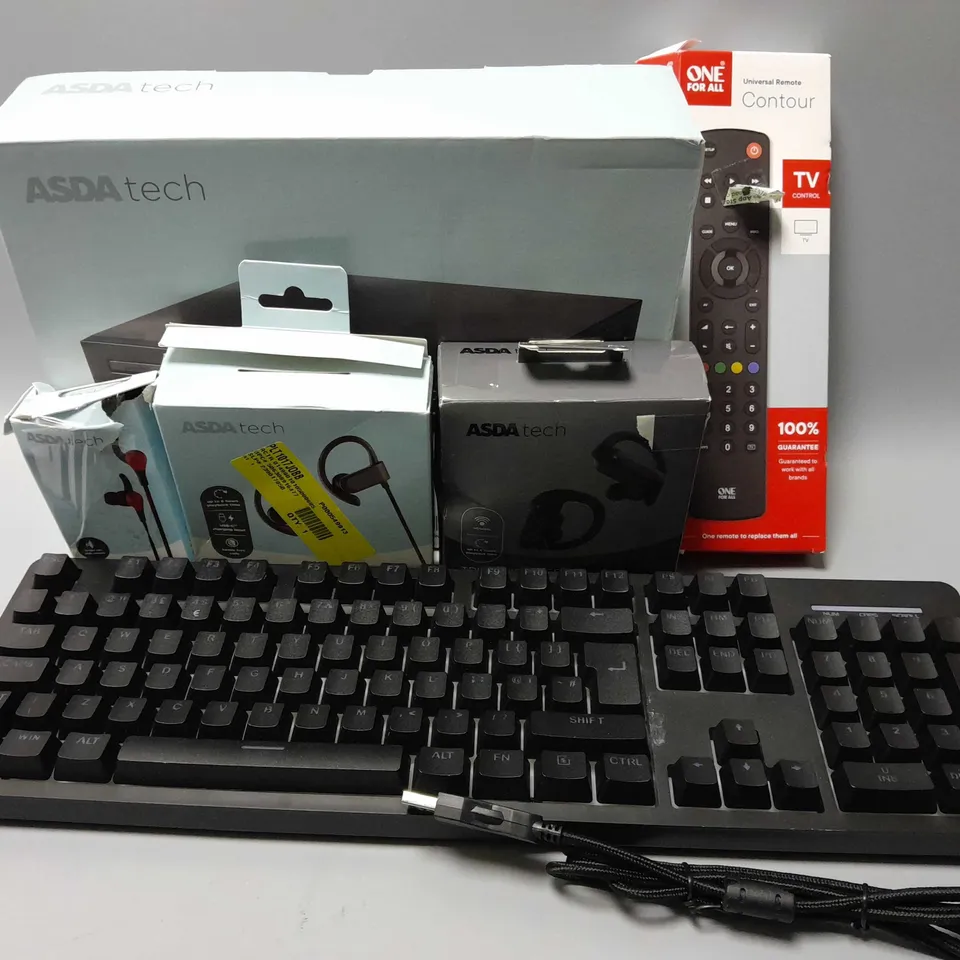 APPROXIMATELY 20 ASSORTED ELECTRICAL ITEMS TO INCLUDE ONE FOR ALL REMOTE, WIRED KEYBOARD, DVD PLAYER, ETC 