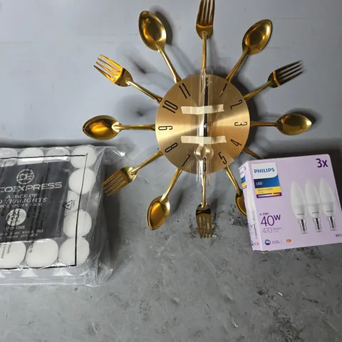 BOX OF APPROXIMATELY 8 ASSORTED BROKEN ITEMS TO INCLUDE - PHILIPS LED WARM WHITE 40W , DECO EXPRESS 50 TEALIGHTS ETC