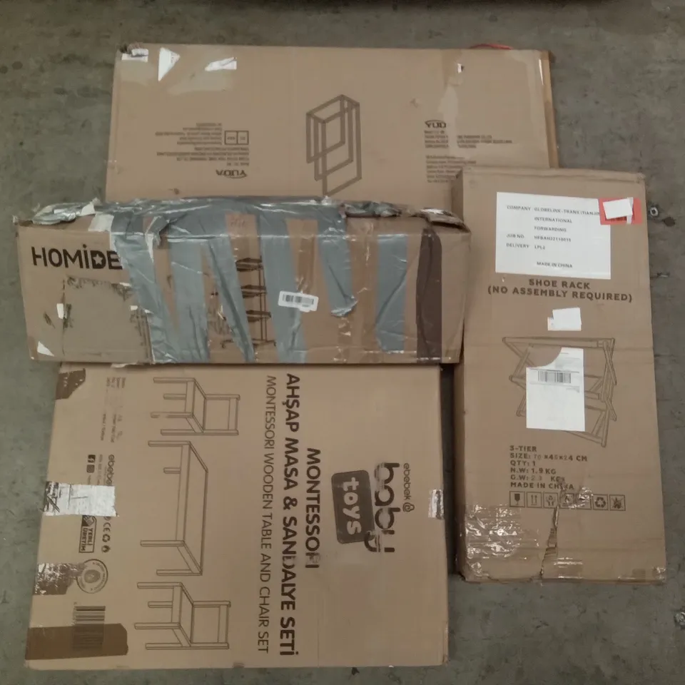 PALLET OF ASSORTED ITEMS INCLUDING HOMIDEC DRYING RACK, SHOE RACK, MONTESSORI WOODEN TABLE & CHAIR SET, ROLLER BLINDS, PET RAMP 
