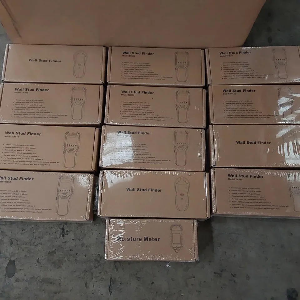 LOT OF APPROXIMATELY 12X BRAND NEW BOXED TH510 WALL STUD FINDERS, 1X BRAND NEW BOXED MOISTURE METER (1 BOX)