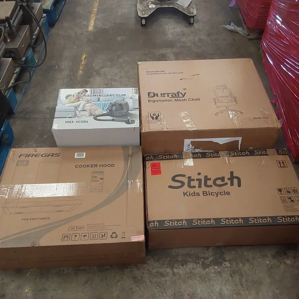 PALLET OF ASSORTED ITEMS INCLUDING: ERGONOMIC MESH CHAIR, PET GROOMING VACUUM, COOKER HOOD, KIDS BICYCLE ECT