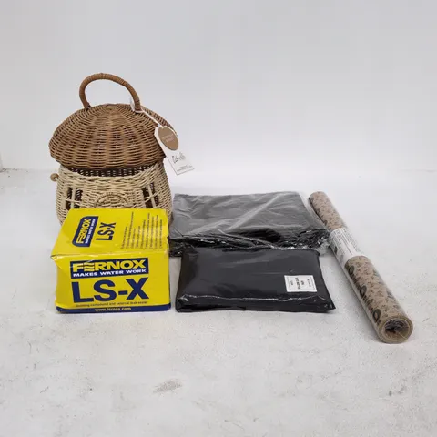 BOX OF APPROXIMATELY 22 ASSORTED ITEMS TO INCLUDE WICKER MUSHROOM BASKET, LS-X LEAK SEALER, PILLOWCASES, 50 YEARS WRAPPING PAPER ETC