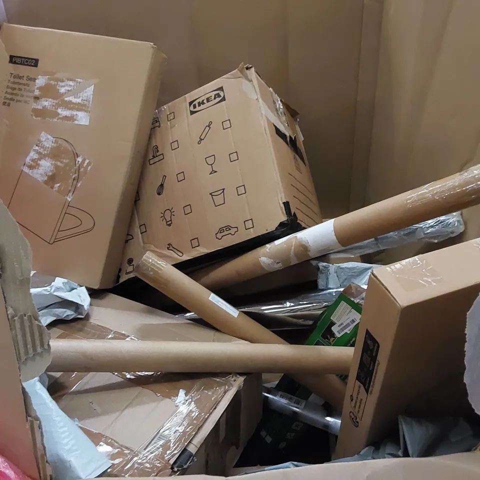 PALLET TO CONTAIN ASSORTED HOUSEHOLD ITEMS AND CONSUMER PRODUCTS. INCLUDES TOILET SEATS, BOXED FURNITURE ETC