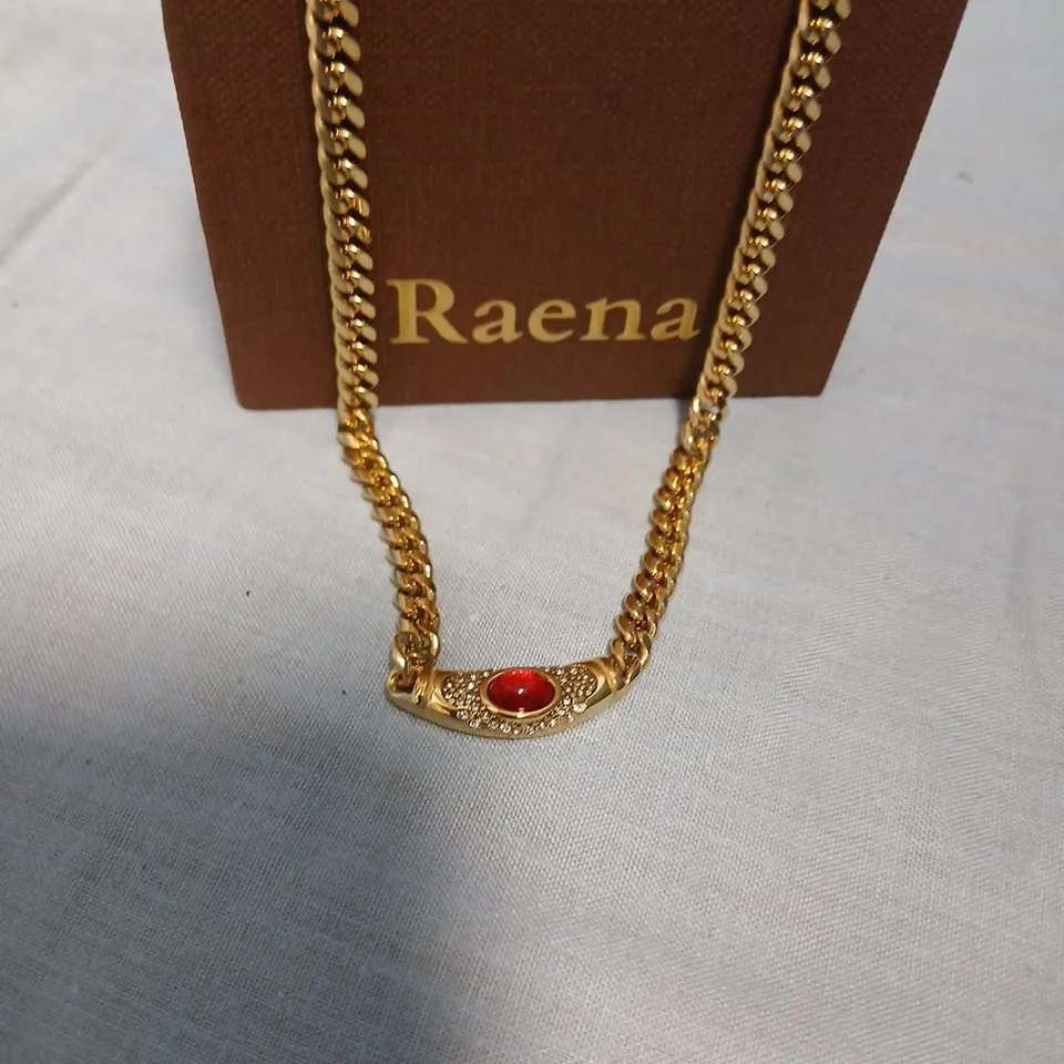 RAENA GOLD TONE NECKLACE WITH RED CABOCHON – BOXED