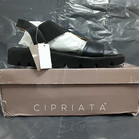 BOXED PAIR OF CIPRIATA OPEN TOE SANDALS IN BLACK SIZE 8