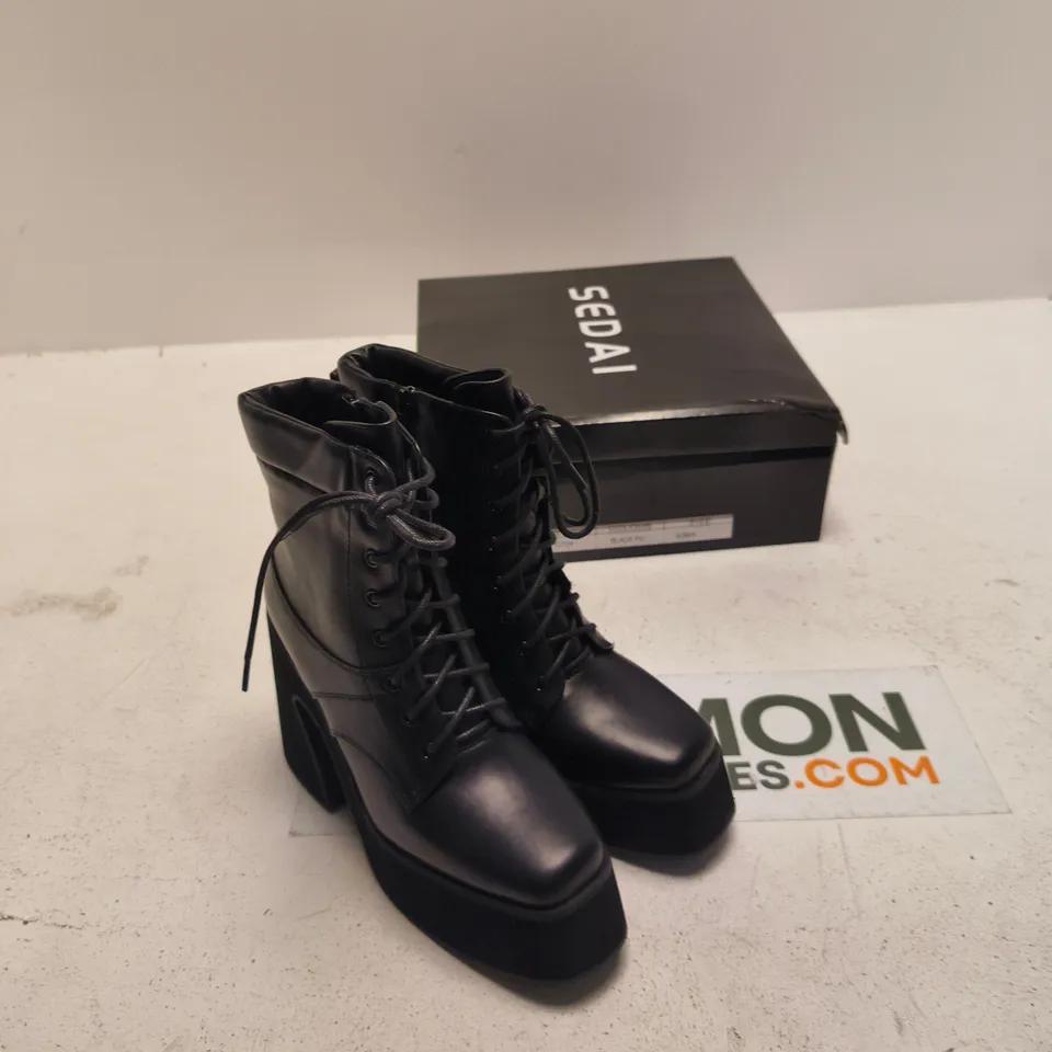 SEDAI BLACK PU LEATHER PLATFORM LACE-UP BOOTS – UK 3 (EU 36)