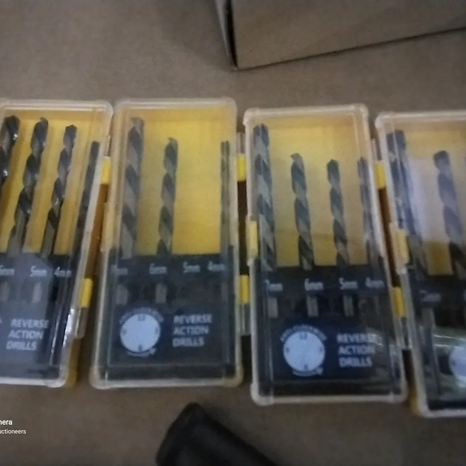 TRAY OF ASSORTED DRILL BITS, INCLUDING LEFT HAND SETS, ELECTRIC BIKE CHARGER, ANGLED DRILL CHUCK.