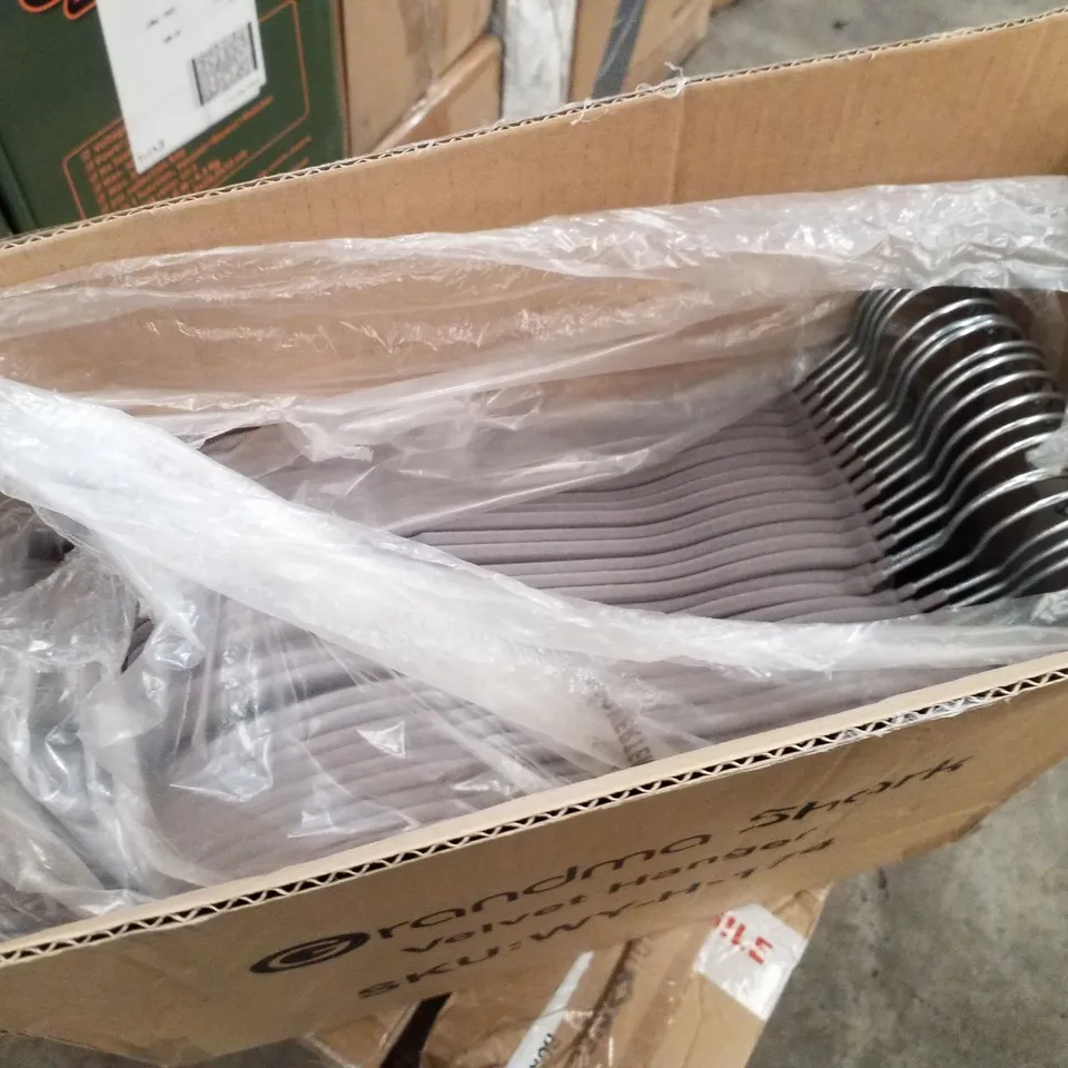 BOX CONTAINING APPROXIMATELY 48 GRANDMA SHARK VELVET HANGERS - GREY
