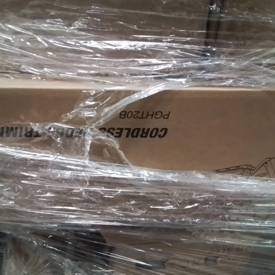 PALLET CONTAINING VARIOUS ASSORTED BOXED ITEMS TO INCLUDE. STAINLESS STEEL COFFEE MAKER, PET STROLLER, CORDLESS HEDGE TRIMMER, ELECTRIC OVEN AND LOTS MORE UNMARKED BOXED ITEMS 