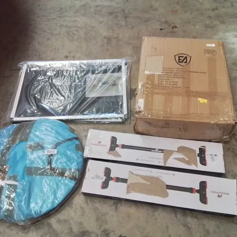 PALLET OF ASSORTED HOUSEHOLD GOODS AND PRODUCTS TO INCLUDE; DOORWAY CHIN-UP BARS, TROLLEY, WINDOW MESH, BOXED FURNITURE ETC