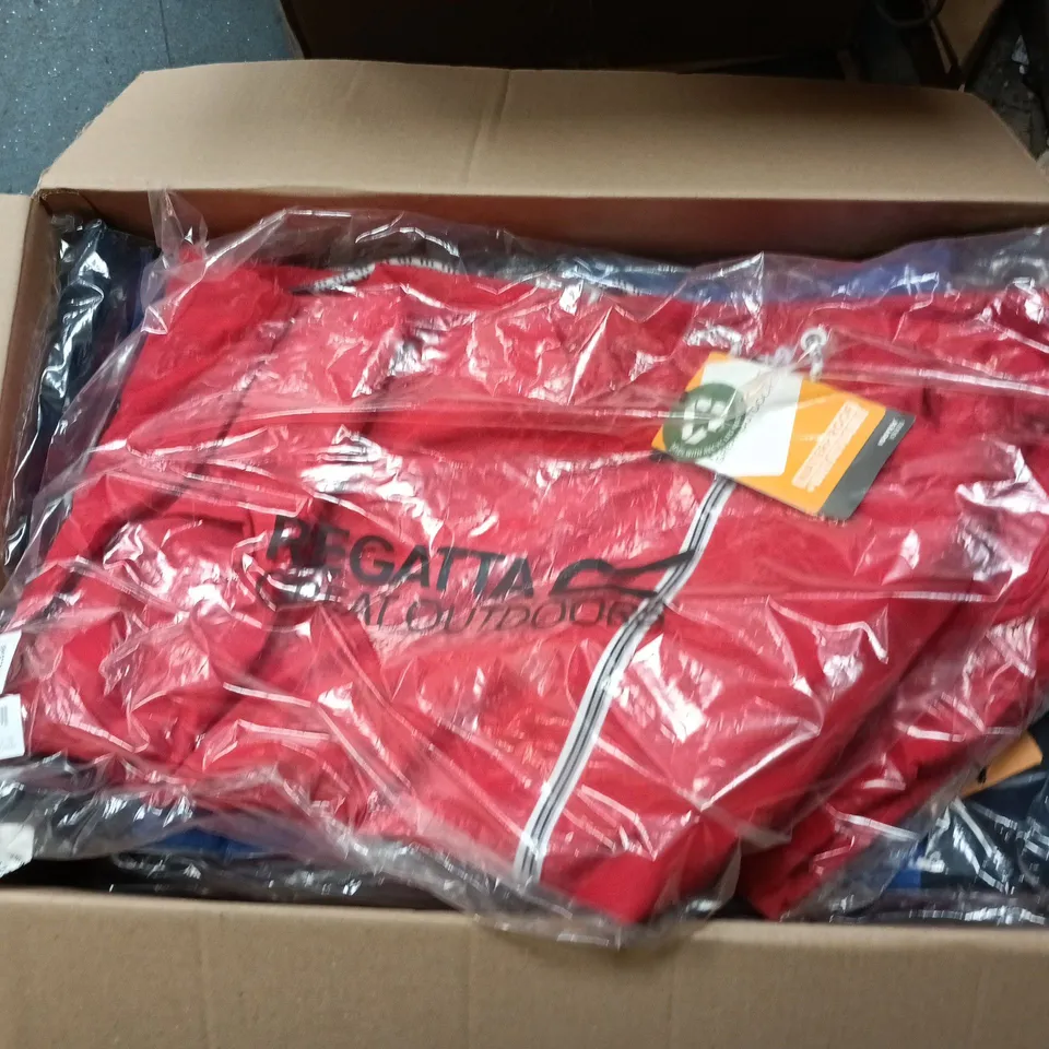BOX OF APPROXIMATELY 14 BRAND NEW ASSORTED REGATTA CLOTHING ITEMS IN VARIOUS STYLES , COLOURS AND SIZES INCLUDING RADDICK COAT AND BAYLETTA COAT