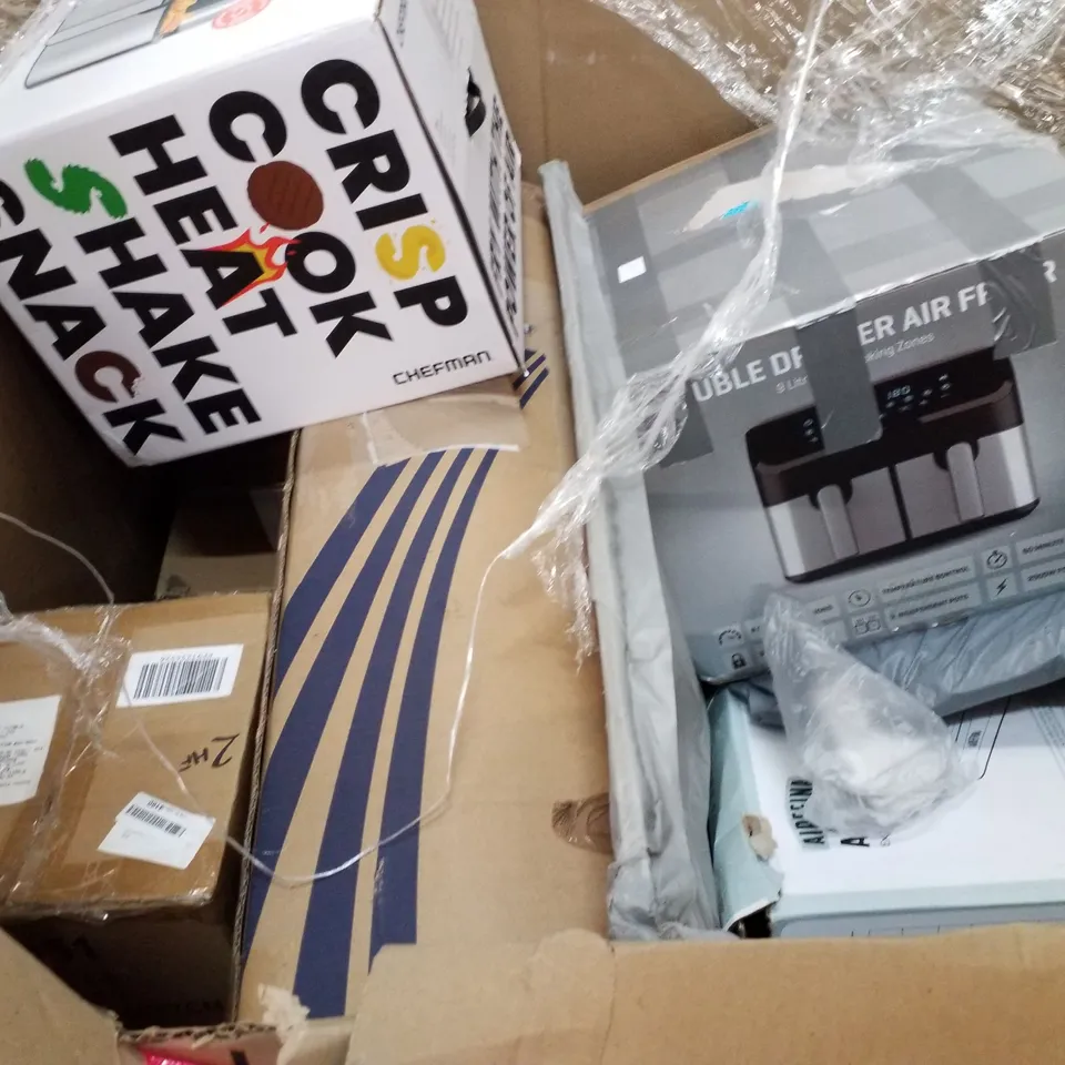 PALLET OF ASSORTED PRODUCTS INCLUDING AIR FRYER, OFFICE CHAIR, SPOT & STAIN DEEP CLEANER, BLADELESS PURIFIER & HEATER FAN, DRYING RACK