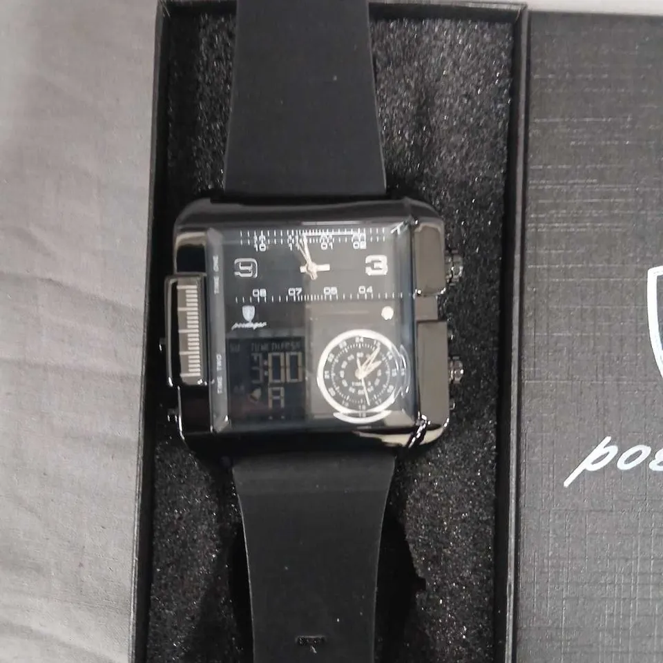 POEDAGAR QUARTZ WRISTWATCH, BLACK RUBBER STRAP, BOXED