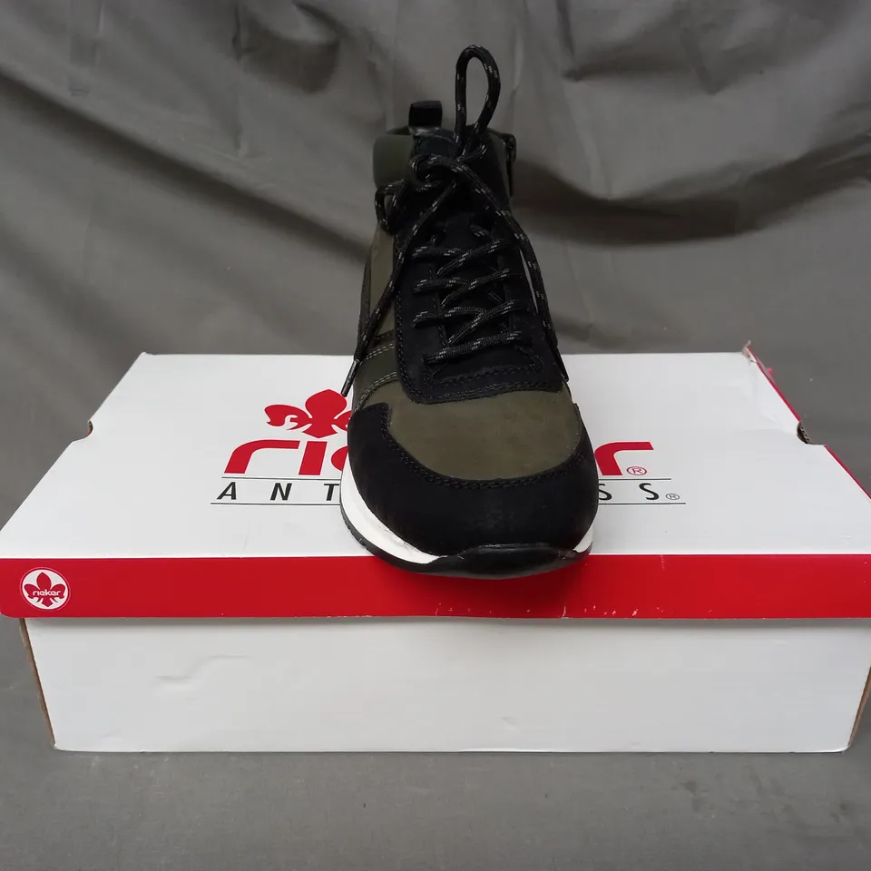 BOXED PAIR OF RIEKER HI TOP TRAINER BOOTS IN KHAKI SIZE 6