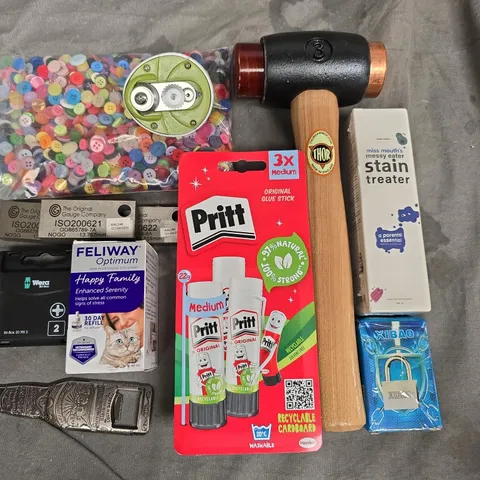 LOT OF ASSORTED HOUSEHOLD ITEMS TO INCLUDE THOR HAMMER, PRITT STICKS AND STAIN TREATER