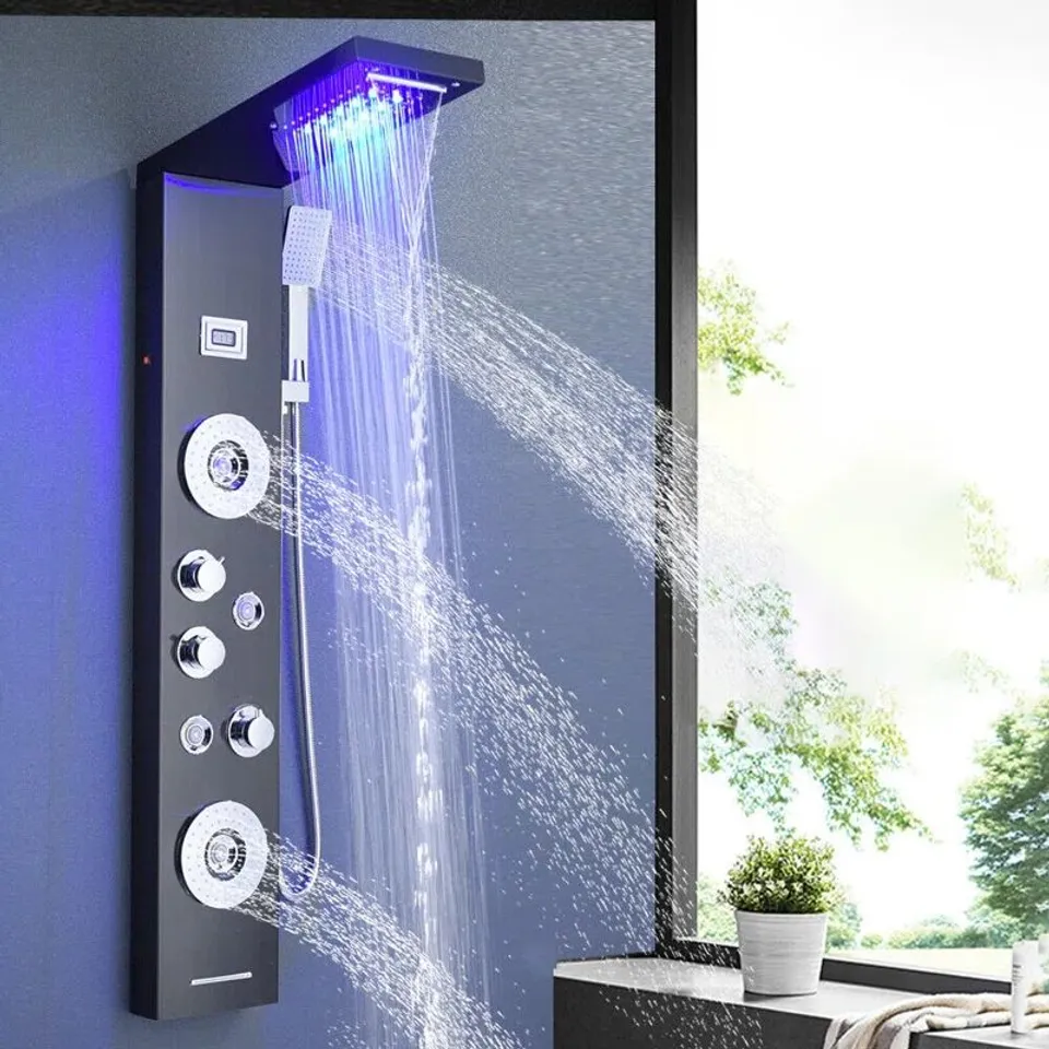 BOXED STAINLESS BLACK LED SHOWER PANEL TOWER SYSTEM (1 BOX)