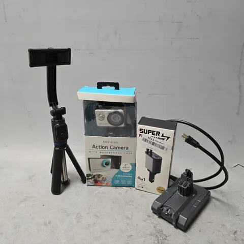 BOX OF APPROXIMATELY 20 ASSORTED BROKEN ITEMS TO INCLUDE - KIT VISION ACTION CAMERA , 4 IN 1 CAR CHARGER , RECHARGEABLE LI-ION BATTERY ETC