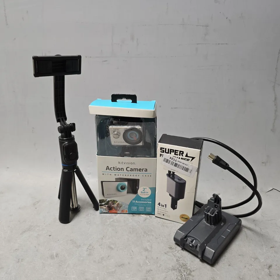 BOX OF APPROXIMATELY 20 ASSORTED BROKEN ITEMS TO INCLUDE - KIT VISION ACTION CAMERA , 4 IN 1 CAR CHARGER , RECHARGEABLE LI-ION BATTERY ETC