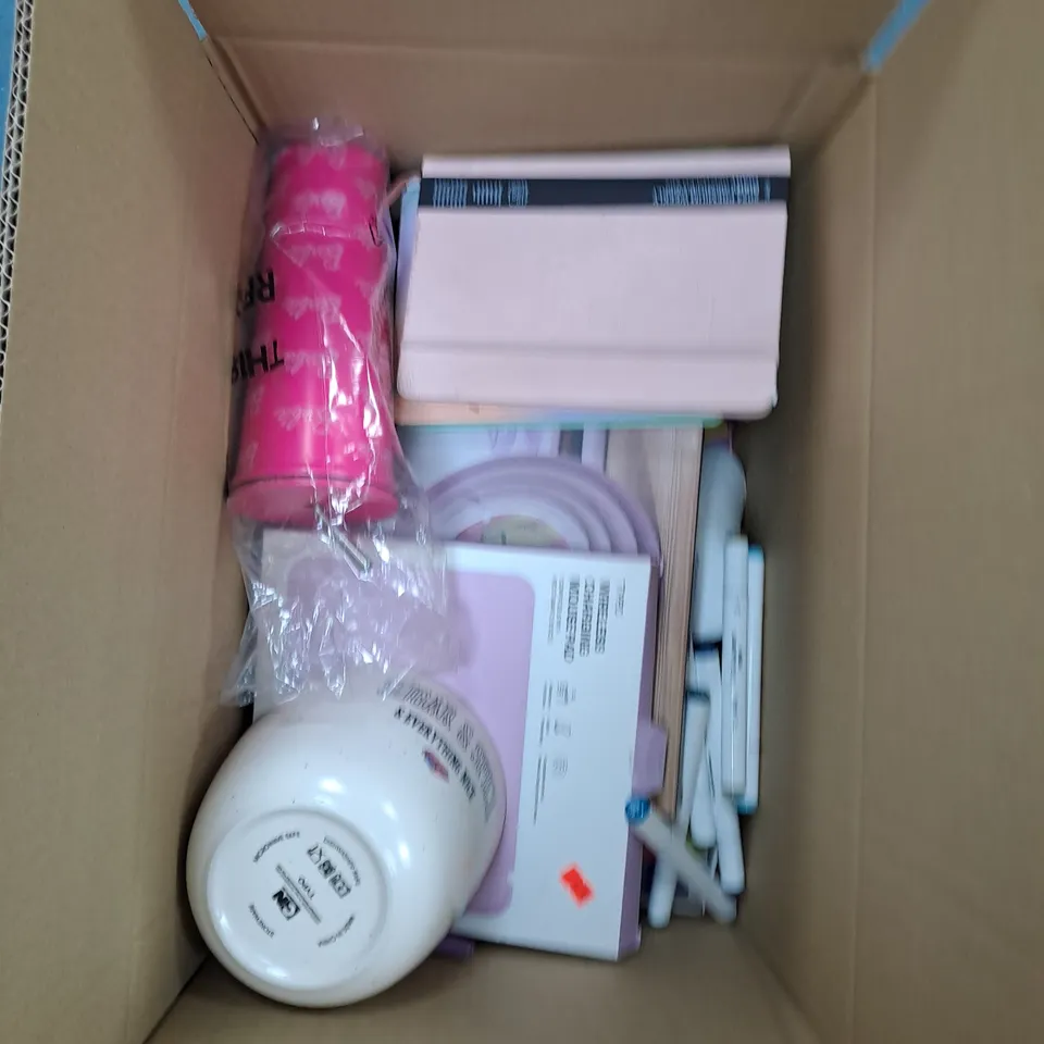BOX OF ASSORTED HOUSEHOLD ITEMS TO INCLUDE SLEEPING MASK, CANDLES, PHONE CASES ETC 
