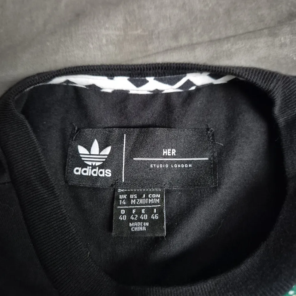 ADIDAS X HER STUDIO LONDON BLACK T-SHIRT DRESS WITH FLORAL PRINT DETAILS - SIZE 14