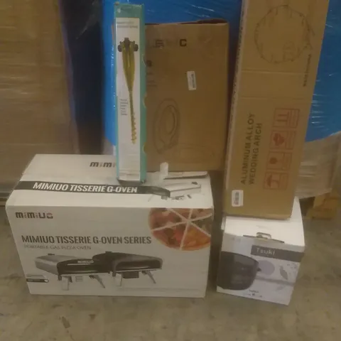 PALLET OF ASSORTED ITEMS INCLUDING MIMIUO TISSERIE G OVEN, MINI RICE COOKER, ALLOY WEDDING ARCH, TOILET SEAT, HEAVY DUTY GROUND SPIKE