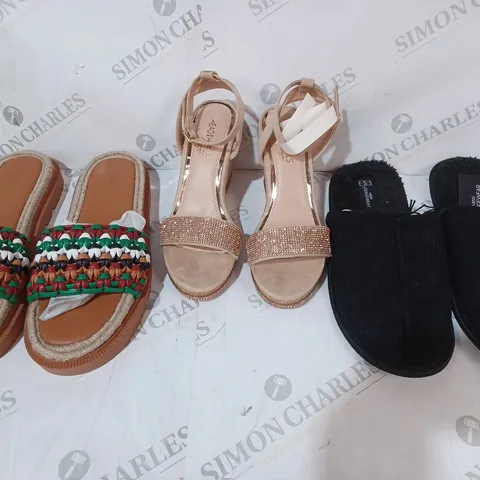 BOX OF APPROXIMATELY 20 ASSORTED PAIRS OF SHOES AND FOOTWEAR ITEMS IN VARIOUS STYLES AND SIZES TO INCLUDE HEAD OVER HEELS, MENS LOUNGEWEAR, ASOS DESIGN, ETC