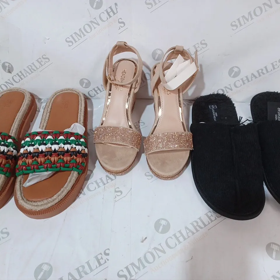 BOX OF APPROXIMATELY 20 ASSORTED PAIRS OF SHOES AND FOOTWEAR ITEMS IN VARIOUS STYLES AND SIZES TO INCLUDE HEAD OVER HEELS, MENS LOUNGEWEAR, ASOS DESIGN, ETC