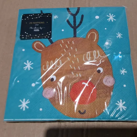 BOX OF APPROXIMATELY 80 PACKS OF BRAND NEW CHRISTMAS NAPKINS 