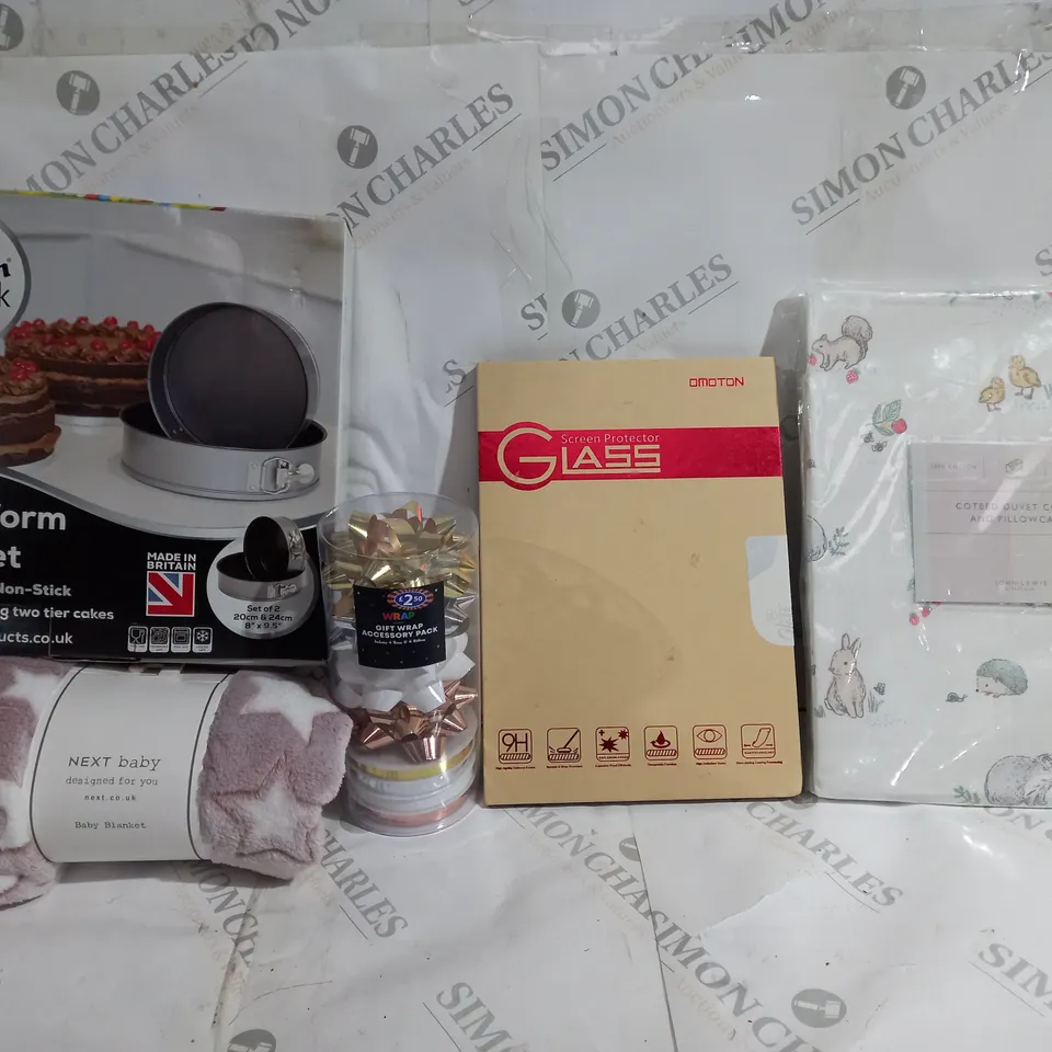 BOX OF APPROXIMATELY 12 ASSORTED ITEMS TO INCLUDE - WHAM SPRINGFORM CAKE SET - NEXT BABY BLANKET - COTTEN DUVET COVER ECT