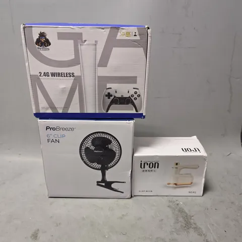 BOX OF APPROXIMATELY 12 ASSORTED ITEMS TO INCLUDE - PRO BREEZE 6 CLIP FAN , ELECTRIC IRON ETC
