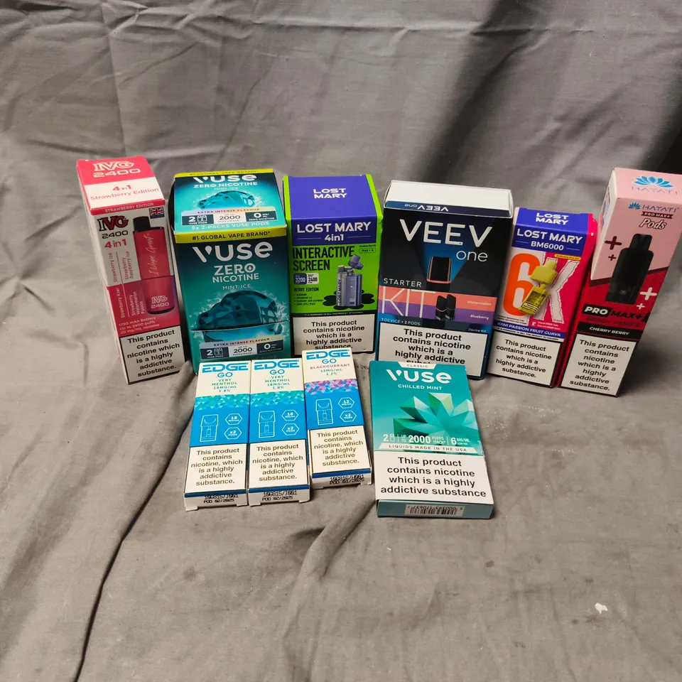 APPROXIMATELY 25 ASSORTED E-CIGARETTE PRODUCTS TO INCLUDE BRANDS SUCH AS LOST MARY, EDGE GO, IVG,  ETC - COLLECTION ONLY