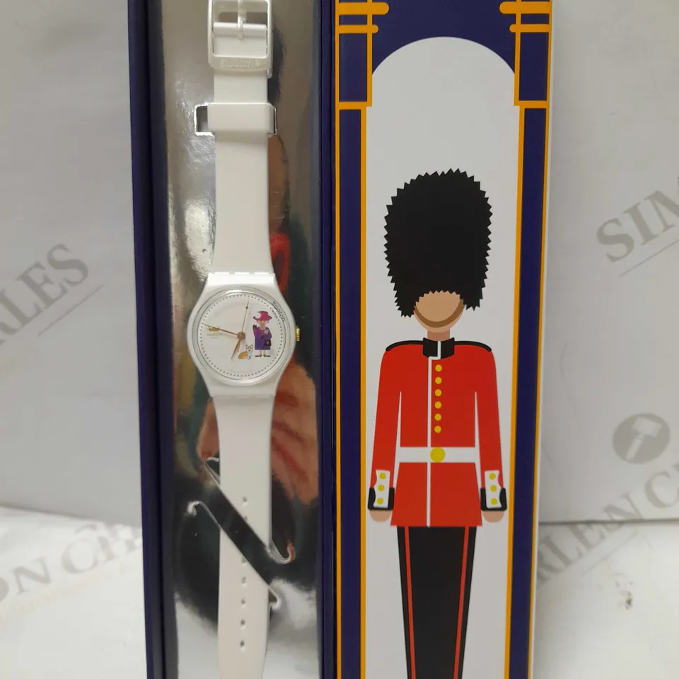SWATCH HOW MAJESTIC QUEENS PLATINUM JUBILEE WATCH - WHITE 