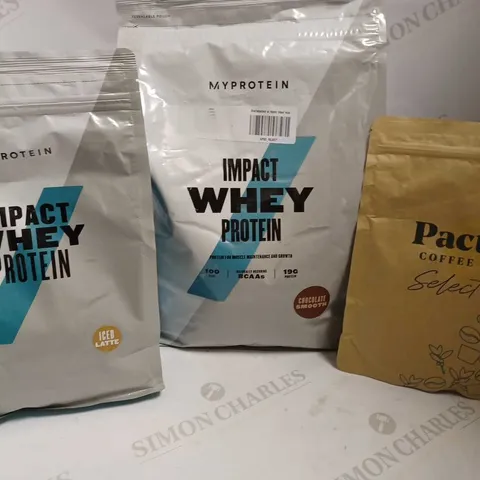 BOX OF 3 ITEMS TO INCLUDE MYPROTEIN IMPACT WHEY PROTEIN AND PACT COFFEE BEANS