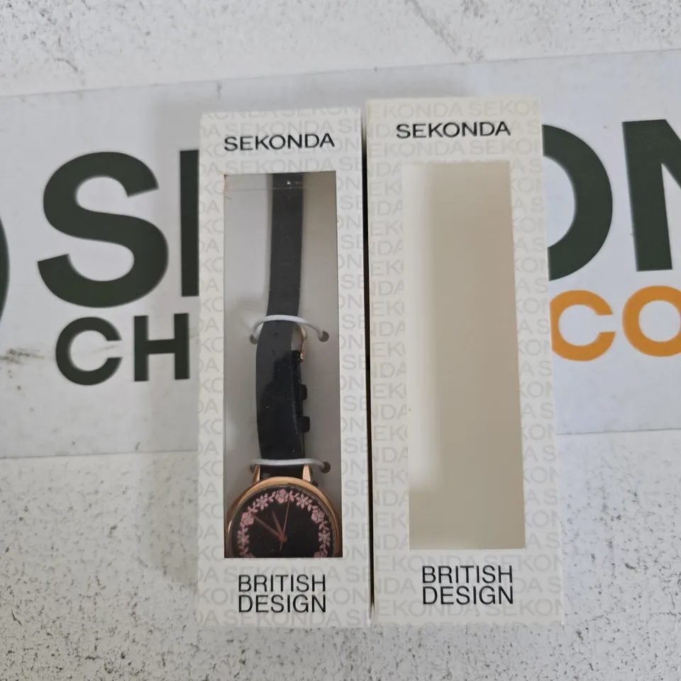 SEKONDA BRITISH DESIGN LADIES' WATCH – BLACK STRAP WITH PINK FLORAL DIAL, BOXED