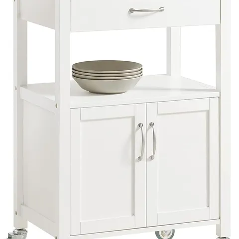 BOXED SOBUY KITCHEN TROLLEY ON WHEELS 60CM WIDE WITH DRAWER & OPEN SHELF - WHITE AND NATURAL 