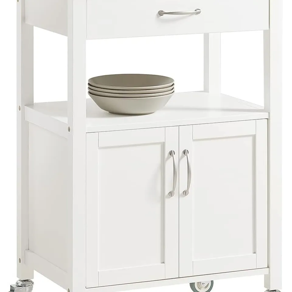 BOXED SOBUY KITCHEN TROLLEY ON WHEELS 60CM WIDE WITH DRAWER & OPEN SHELF - WHITE AND NATURAL
