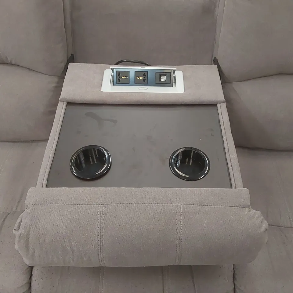 QUALITY DESIGNER FABRIC UPHOLSTERED 3 SEATER MANUAL RECLINER SOFA WITH POWER OUTLET