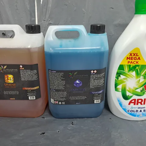 TOTE OF APPROXIMATELY 3 ASSORTED LIQUIDS TO INCLUDE - ARIEL COLD & SHORT , AUTOGEM SNOW FOAM , AUTOGEM WHEEL CLEANER