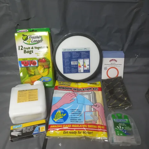 APPROXIMATELY 20 ASSORTED HOUSEHOLD PRODUCTS TO INCLUDE LED CEILING LIGHT, WINDOW INSULATION KIT, FRUIT BAGS ETC 