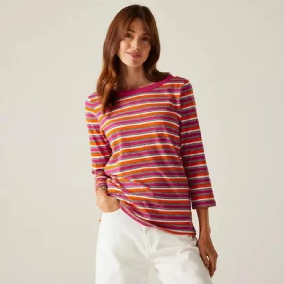 BRAND NEW REGATTA BAYLETTE WOMEN'S TEE II IN PINK/MULTISTRIPE - UK 18