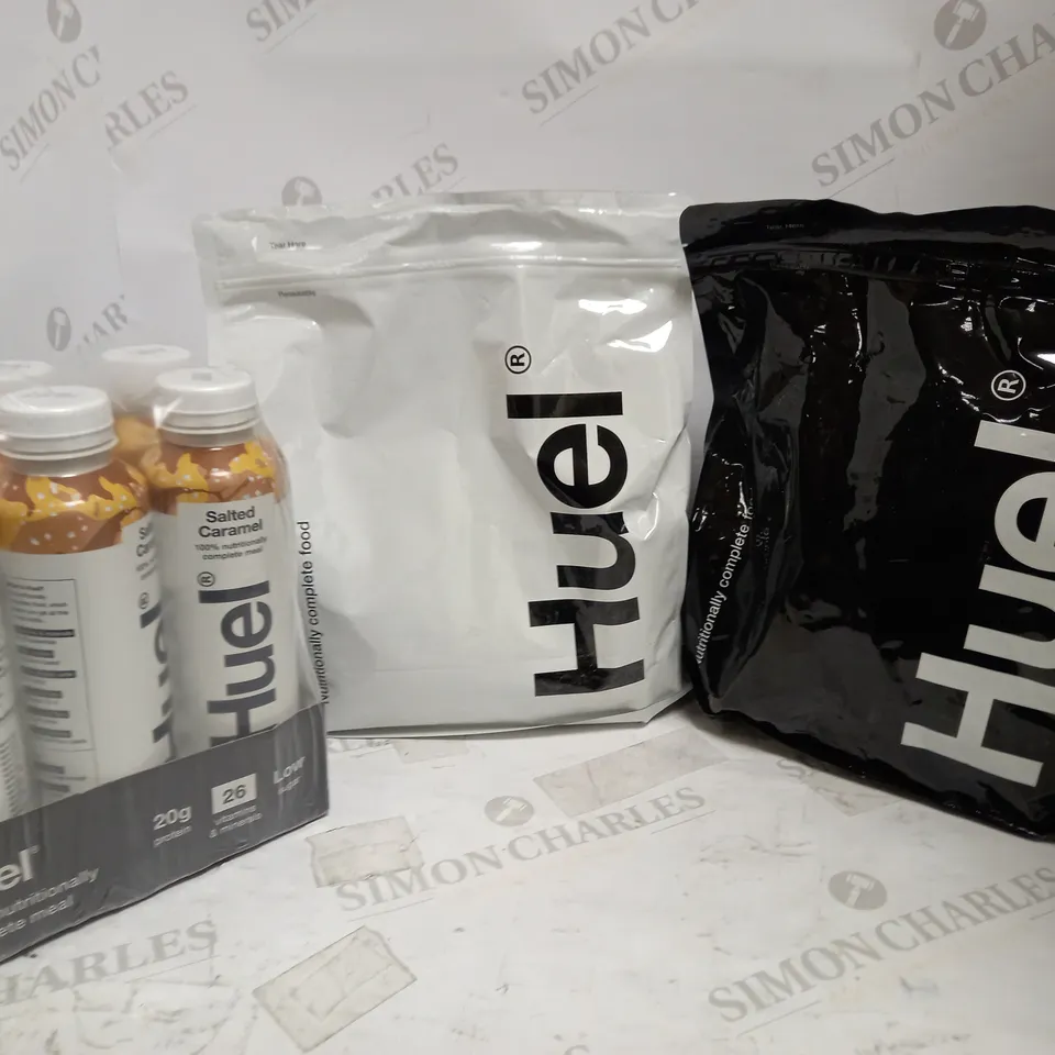 LOT OF APPROX 3KG HUEL POWDERED FOOD SUBSTITUTE + 6 X 500ML HUEL SALTED CARAMEL LIQUID MEAL SUPPLEMENT