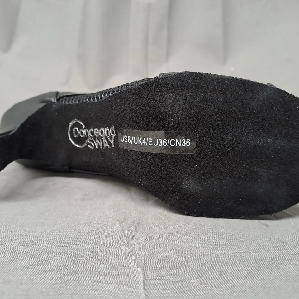 BOXED PAIR OF DANCEANDSWAY PEEP TOE HEELED MESH SHOES IN BLACK UK SIZE 4
