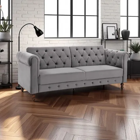 BOXED INDOOR LIVING ROYAL CHESTERFIELD 3 SEAT SOFA BED IN GREY VELVET (1 BOX)