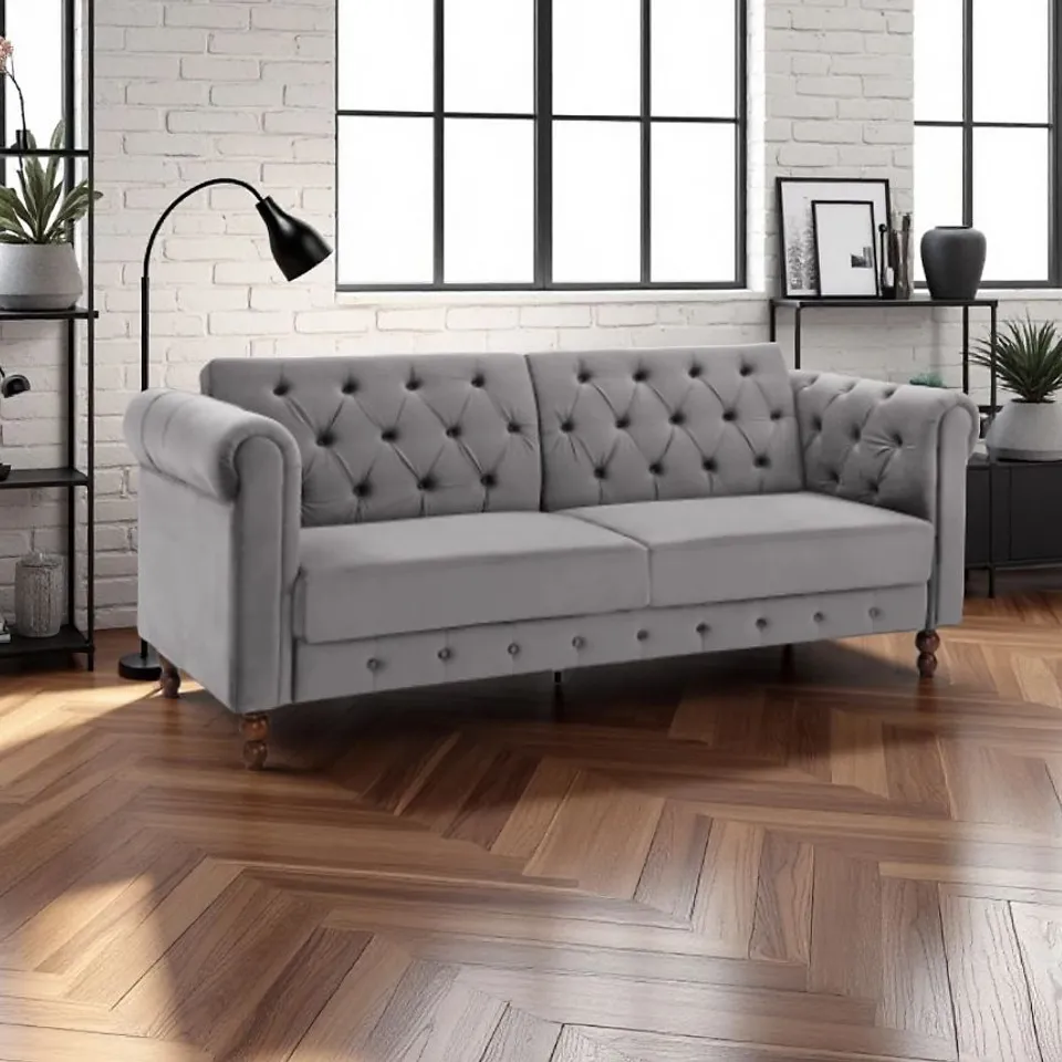 BOXED INDOOR LIVING ROYAL CHESTERFIELD 3 SEAT SOFA BED IN GREY VELVET (1 BOX)