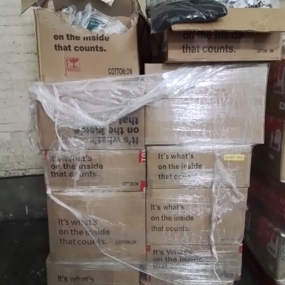 PALLET CONTAINING LARGE QUANTITY OF BRAND NEW CLOTHING ITEMS TO INCLUDE COATS, TOPS, TROUSERS, SOCKS, UNDERWEAR ETC.